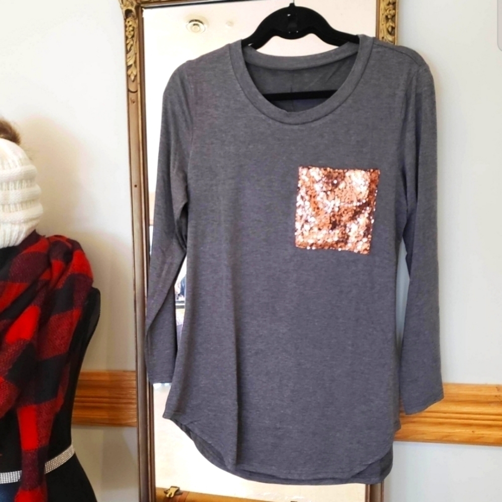 NEW Boyfriend Long Sleeve Tee with Sequin Pocket - Grey Colour